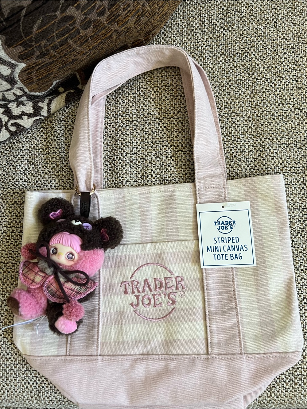 Trader Joe's Striped Mini Canvas Tote Bag - with Maymei bear - Picture 2 of 5